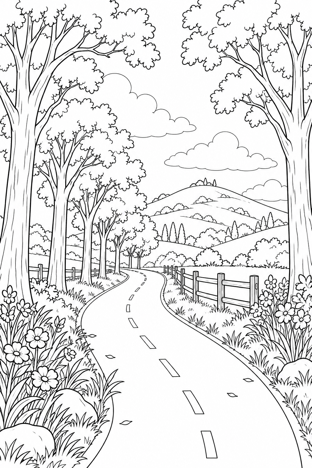丘に続く自転車道と並木の塗り絵