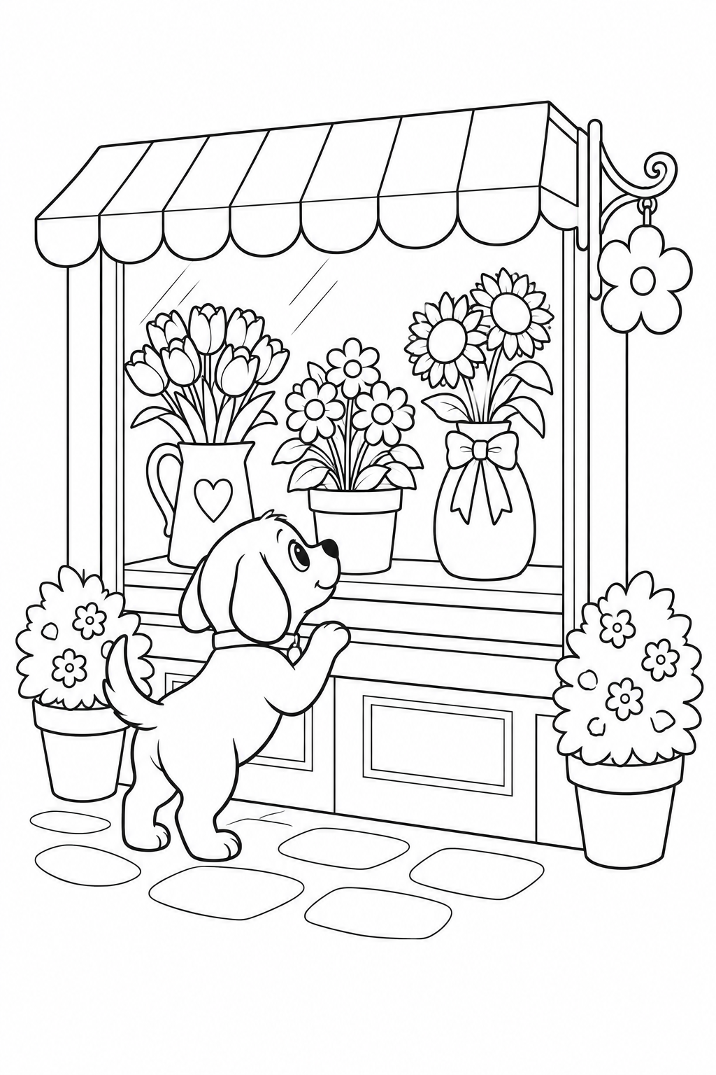 Coloriage La vitrine de la boutique de fleurs du chiot