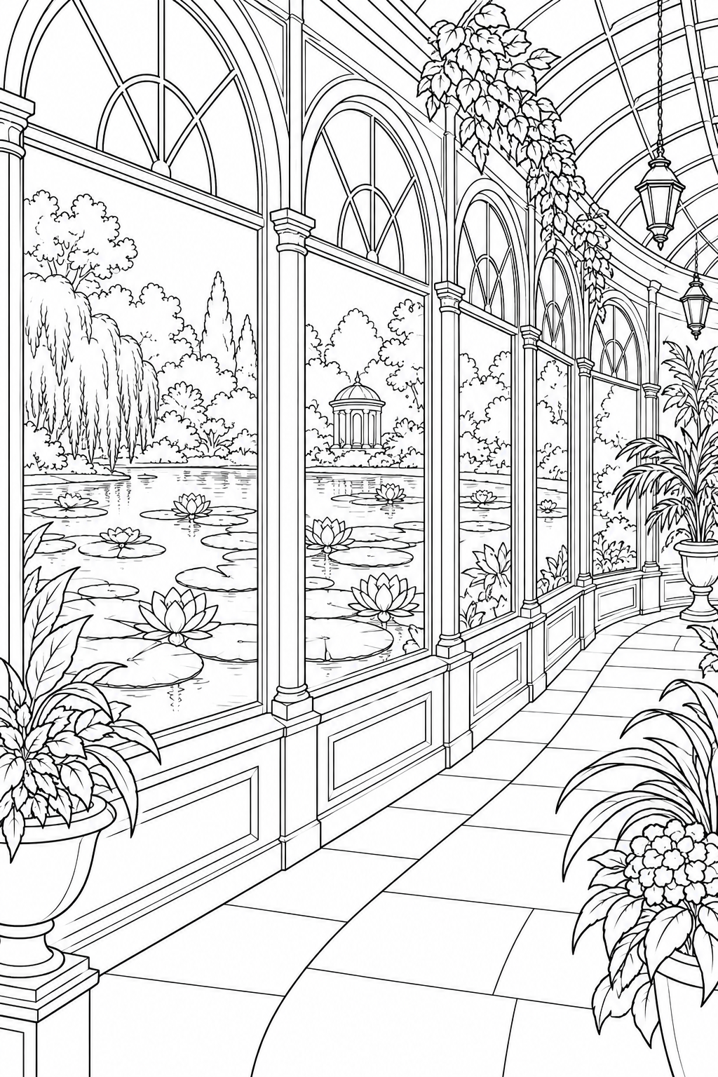 睡蓮の池を望むガラスの回廊の塗り絵