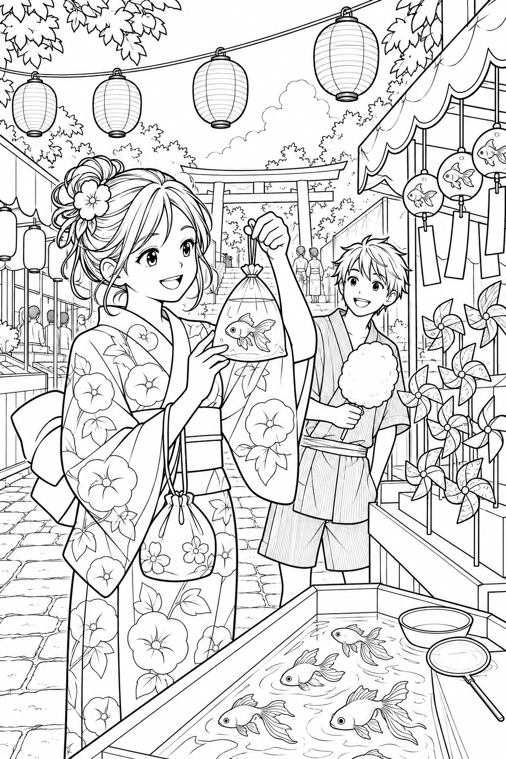 夏の小さな祭りの飾り道の塗り絵