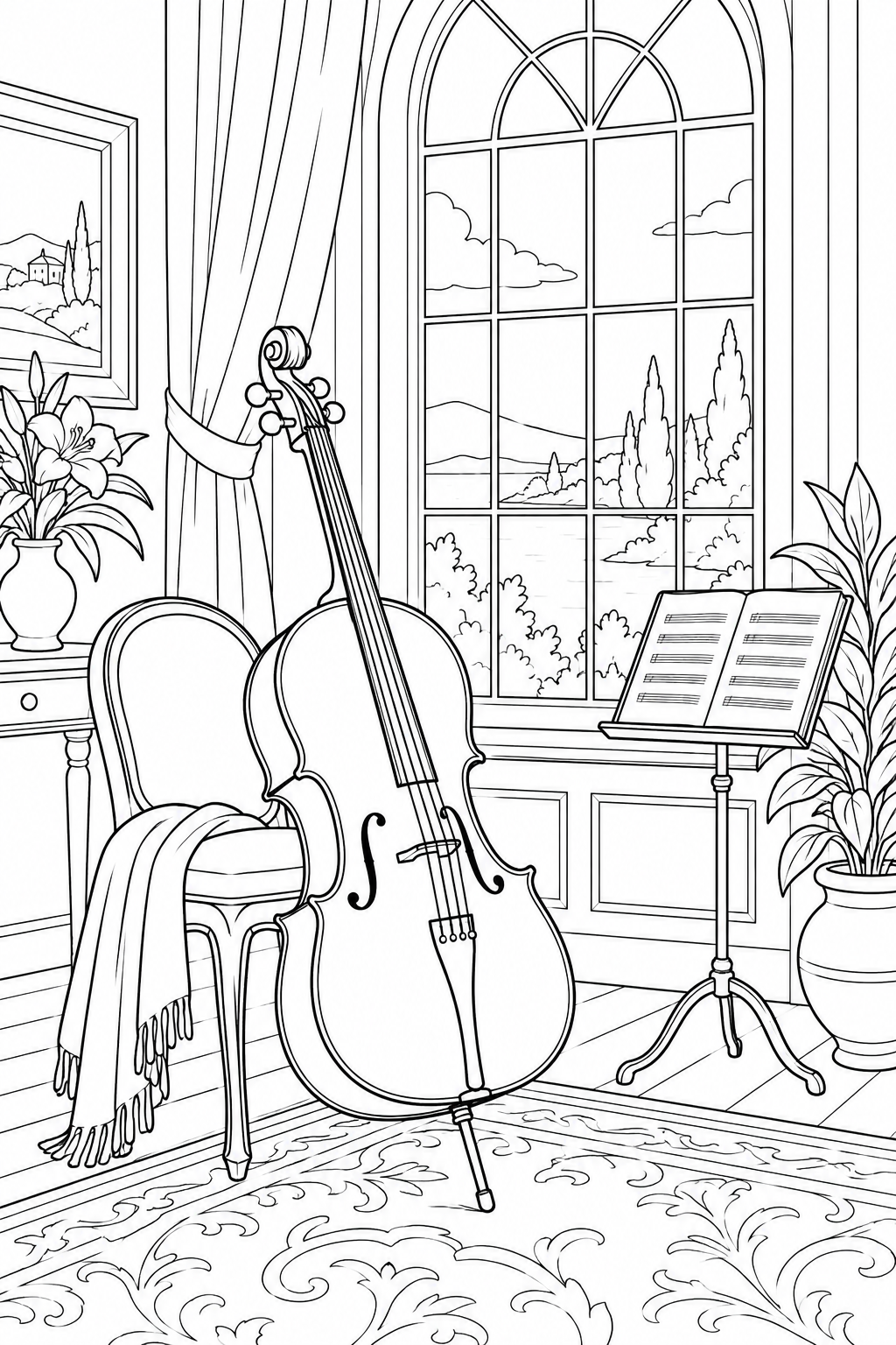 Cello and a Tall Music Room Window coloring page