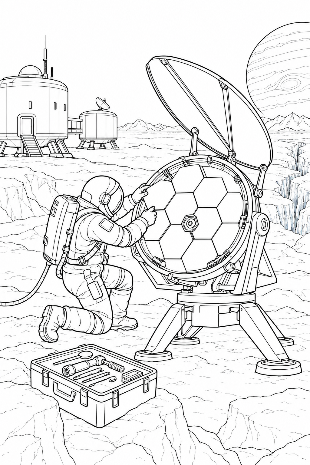 氷の衛星の探査基地:組み立て中の望遠鏡の塗り絵
