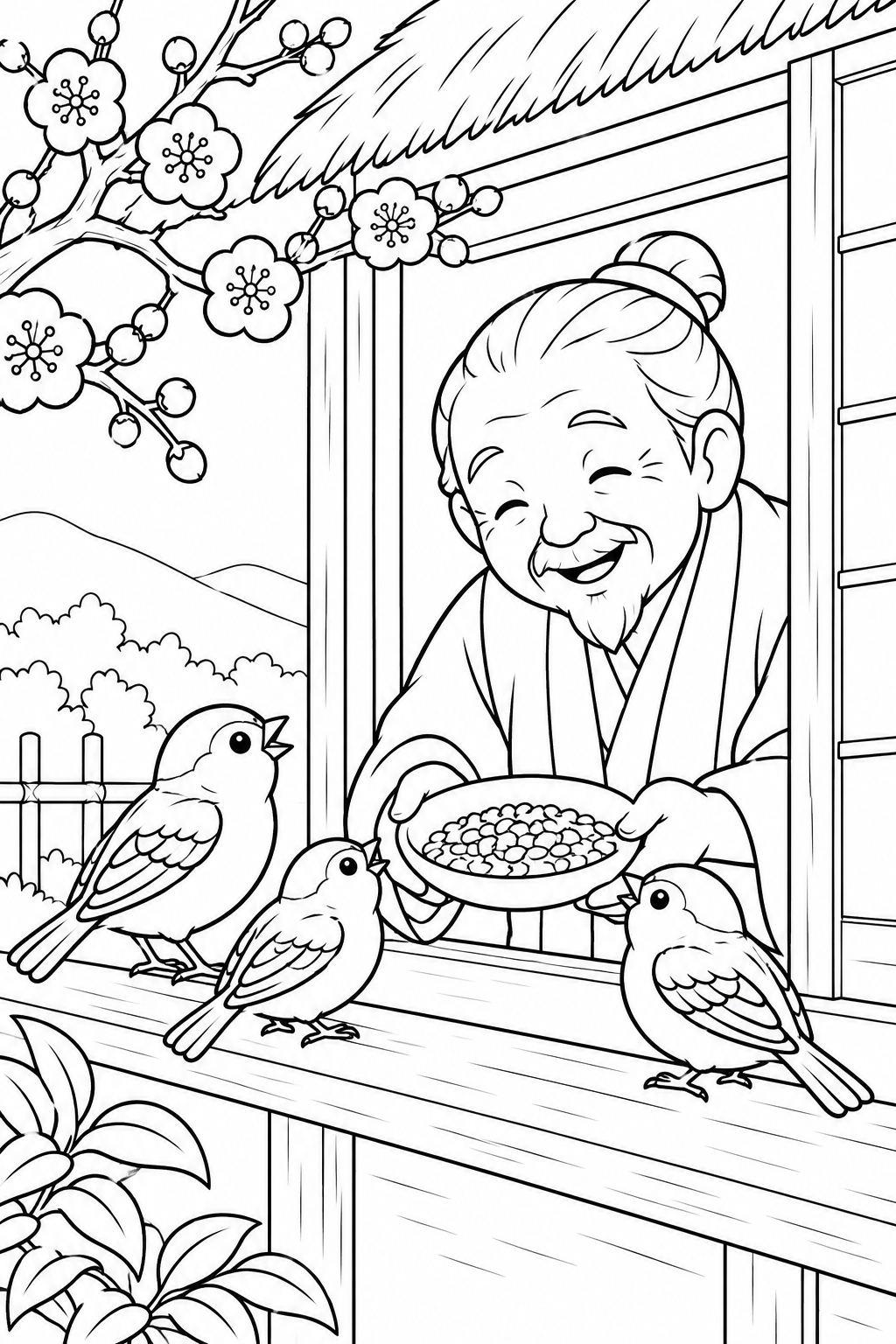 したきりすずめ:春の庭にまた会いにきたよの塗り絵
