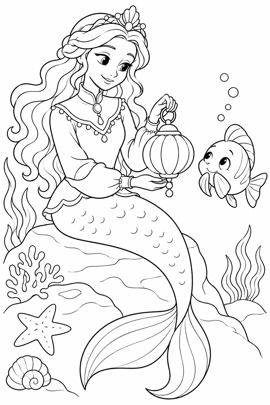人魚姫：はずかしがりの魚と真珠ランタンの塗り絵