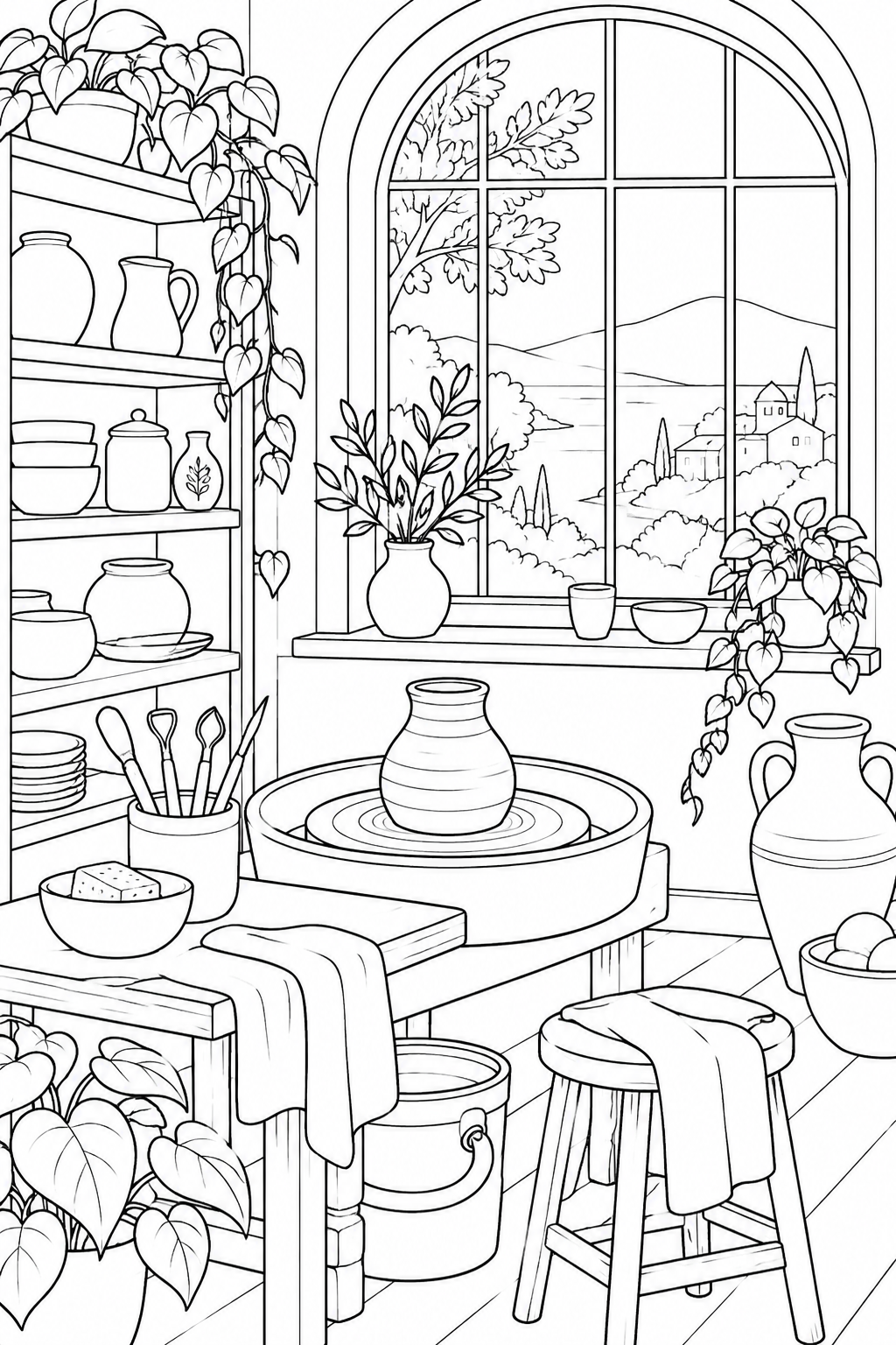 大きな窓のある陶芸工房の塗り絵