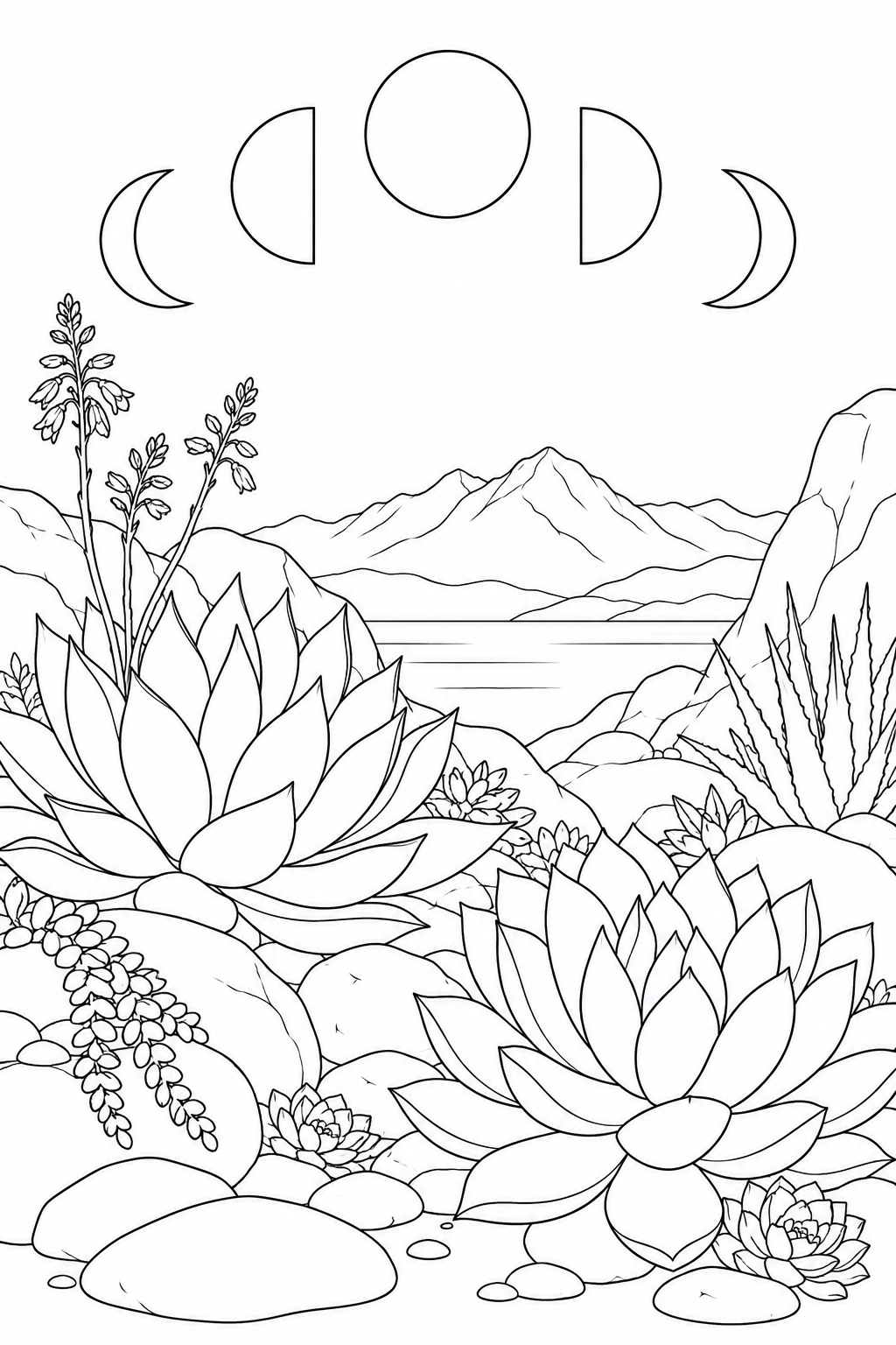 多肉植物の岩庭と月の満ち欠けの塗り絵