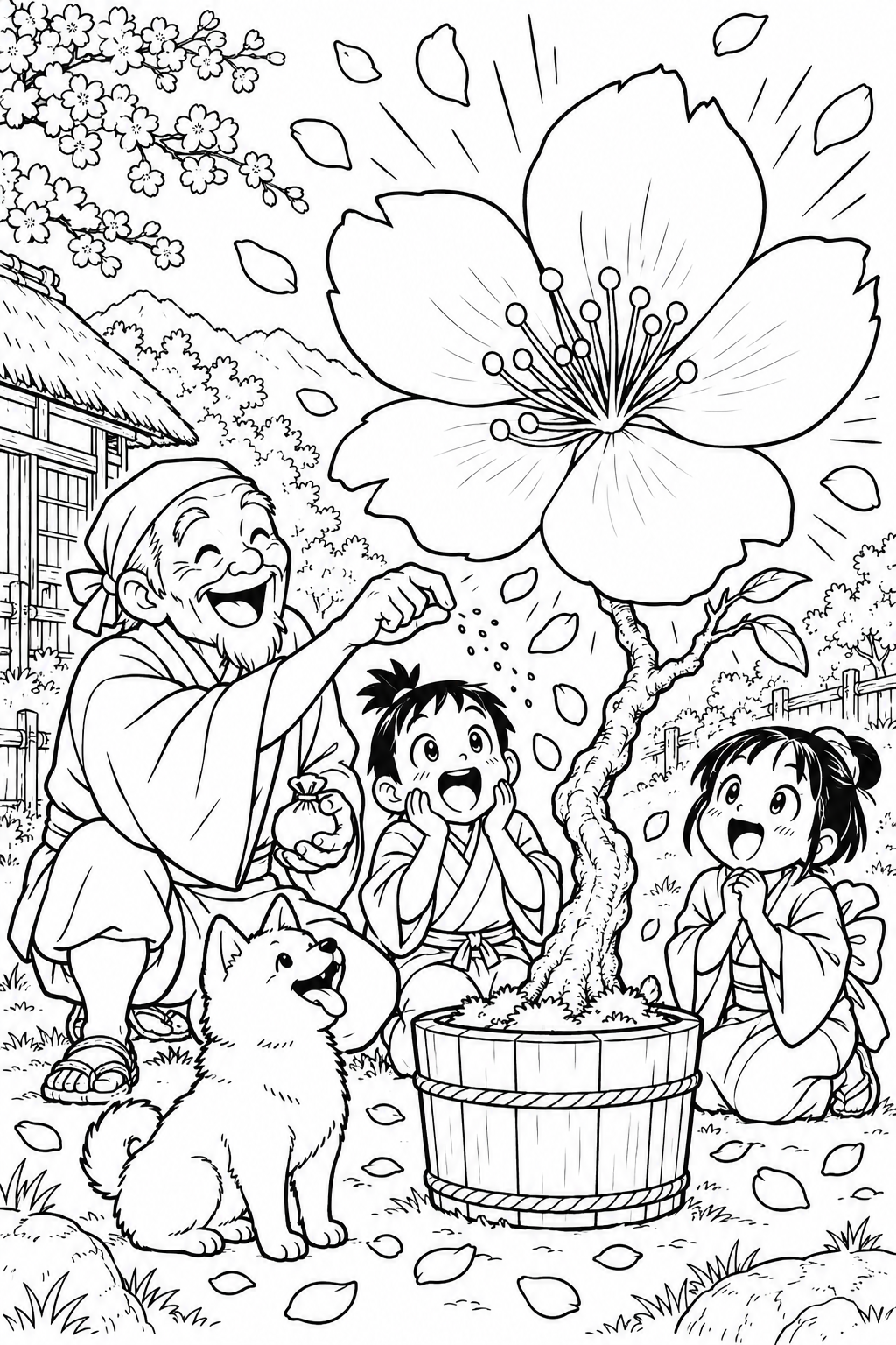 はなさかおじさん：ひとつまみで花が大きくなりすぎた（ギャグ）の塗り絵