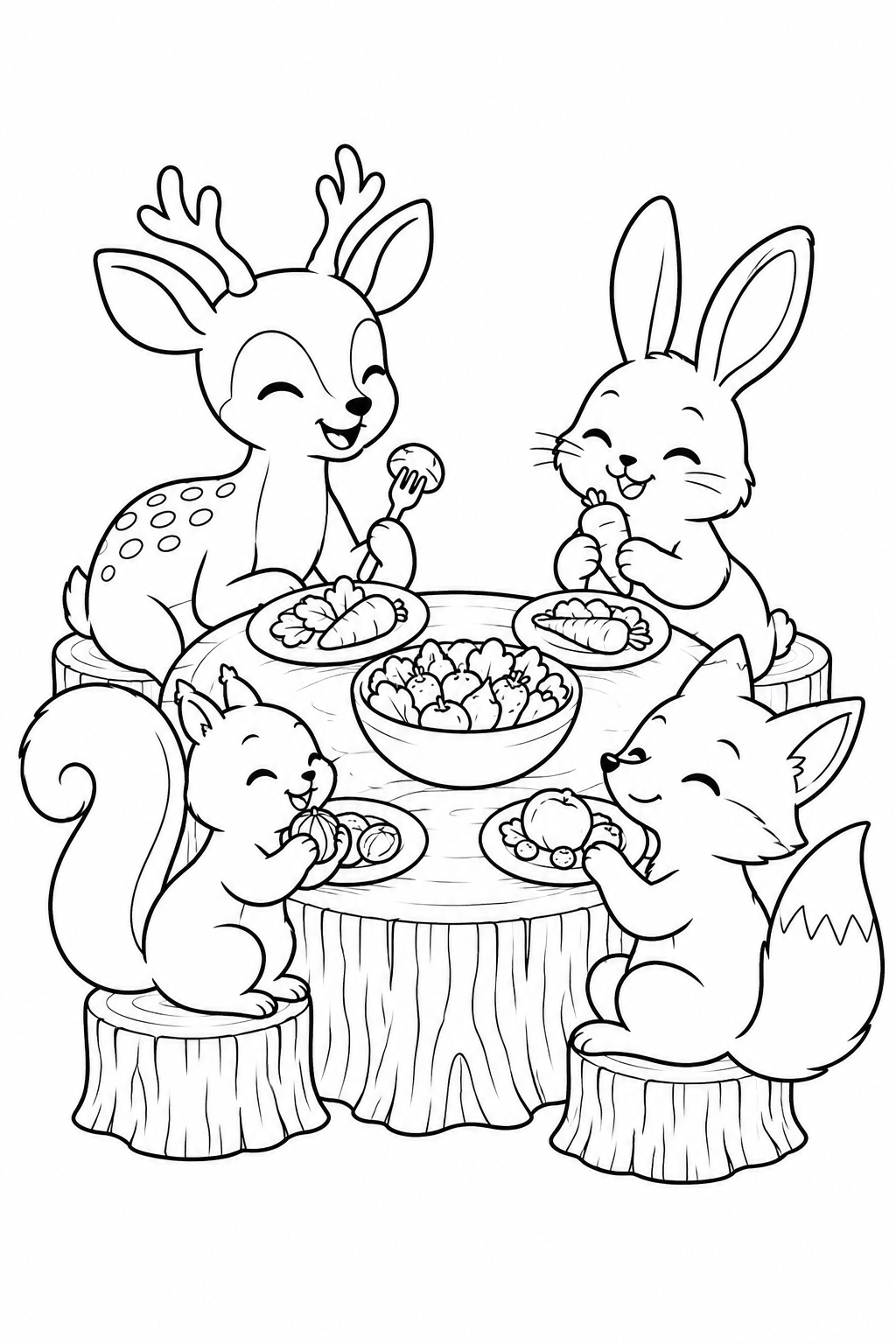 みんなで食卓を囲む森の動物の塗り絵