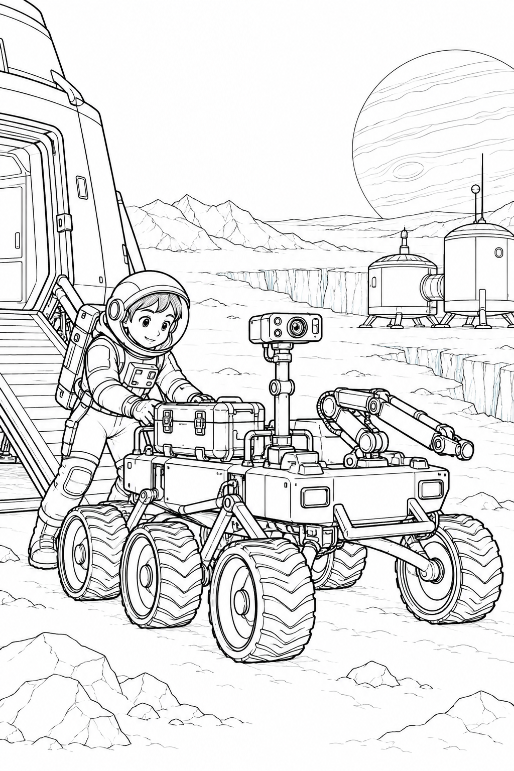 氷の衛星の探査基地:探査車の出発準備の塗り絵
