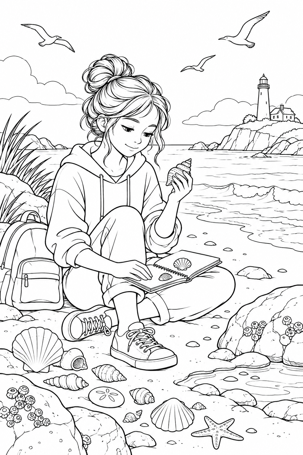 Coloriage Élève étudiant des coquillages au bord de la mer