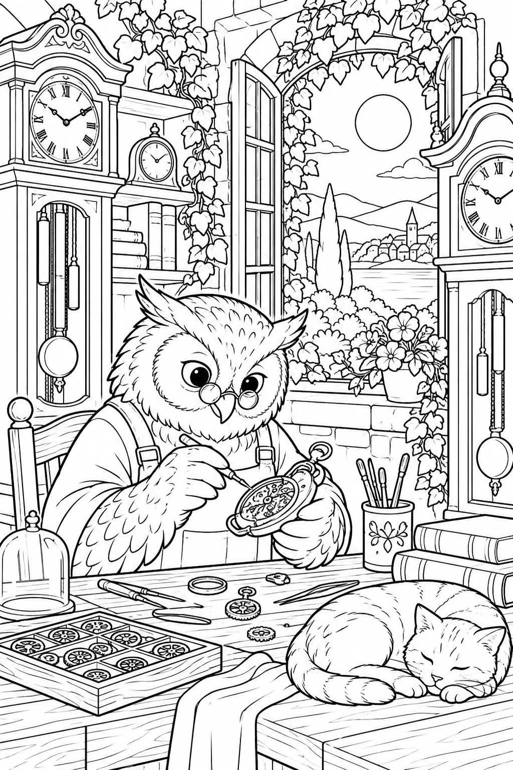 Coloriage Atelier d'horlogerie du hibou — été