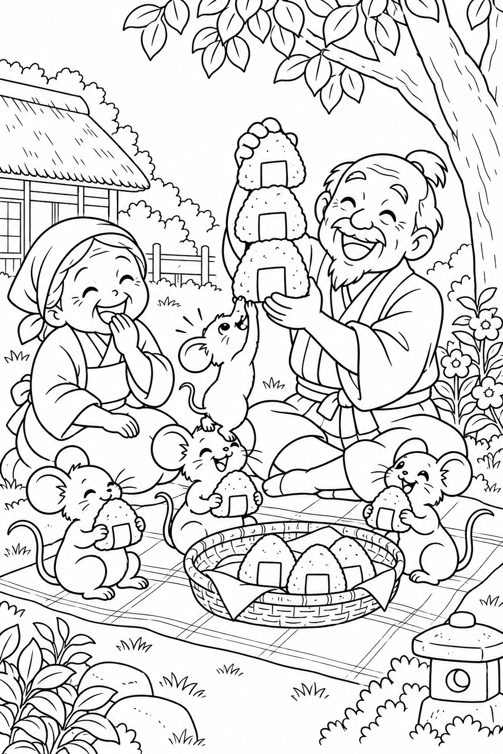 おむすびころりん・ギャグ：みんなでおむすびの塗り絵
