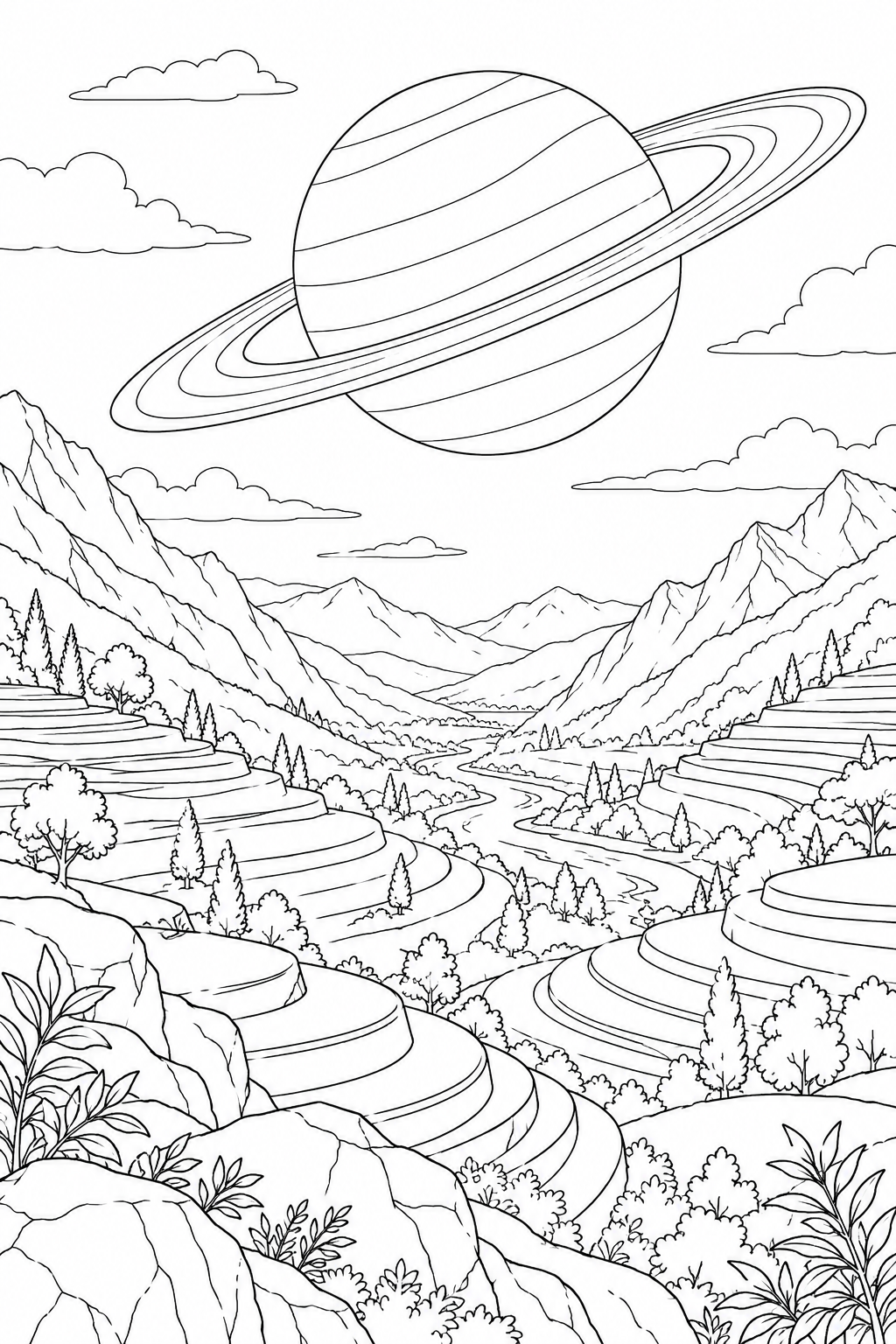 Coloriage Vallée de cultures en terrasses — Planète à anneaux