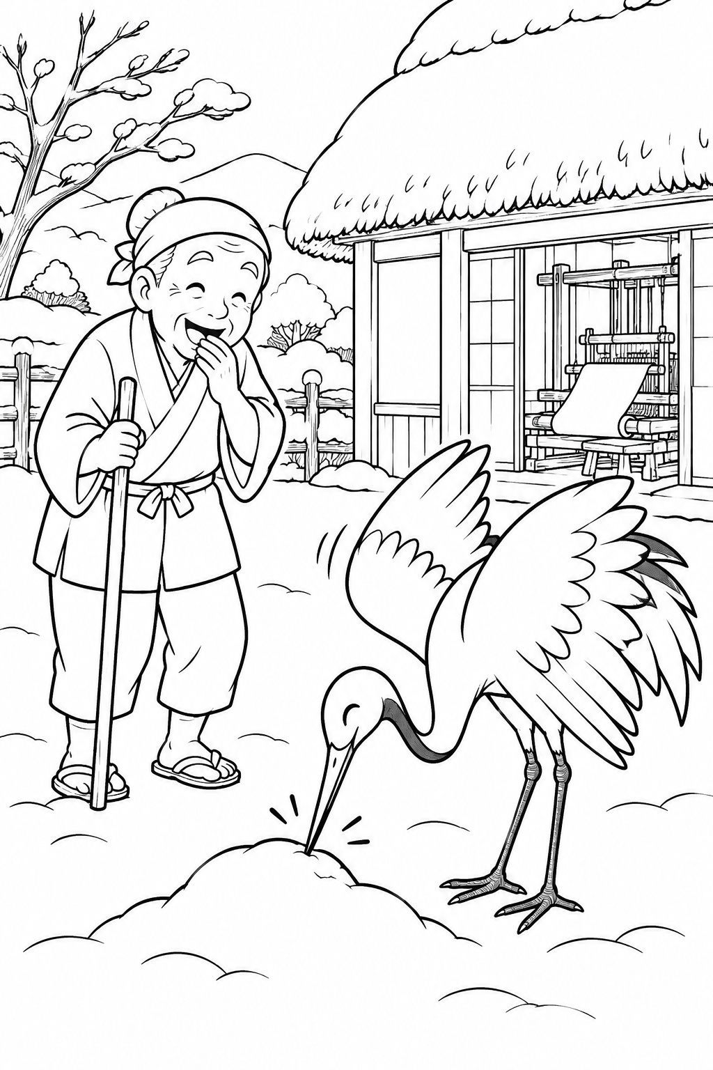 つるの恩返し:おじぎが深すぎるつるの塗り絵