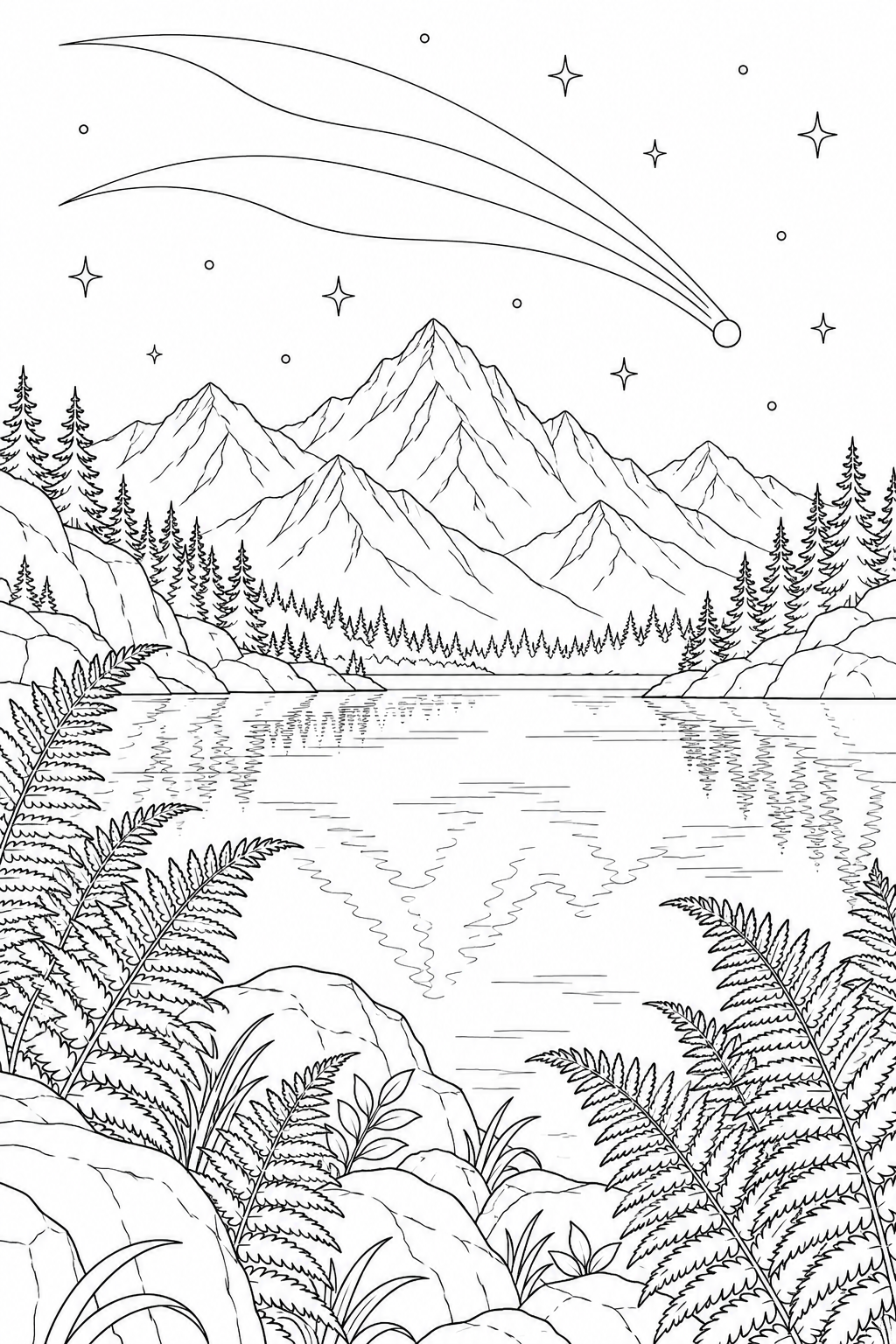 高山湖とシダと尾をひく彗星の塗り絵