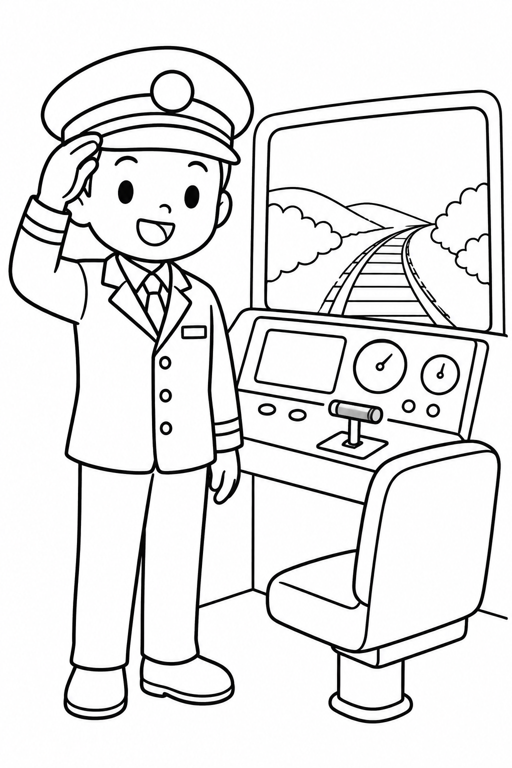 電車の運転士さんと運転席の塗り絵