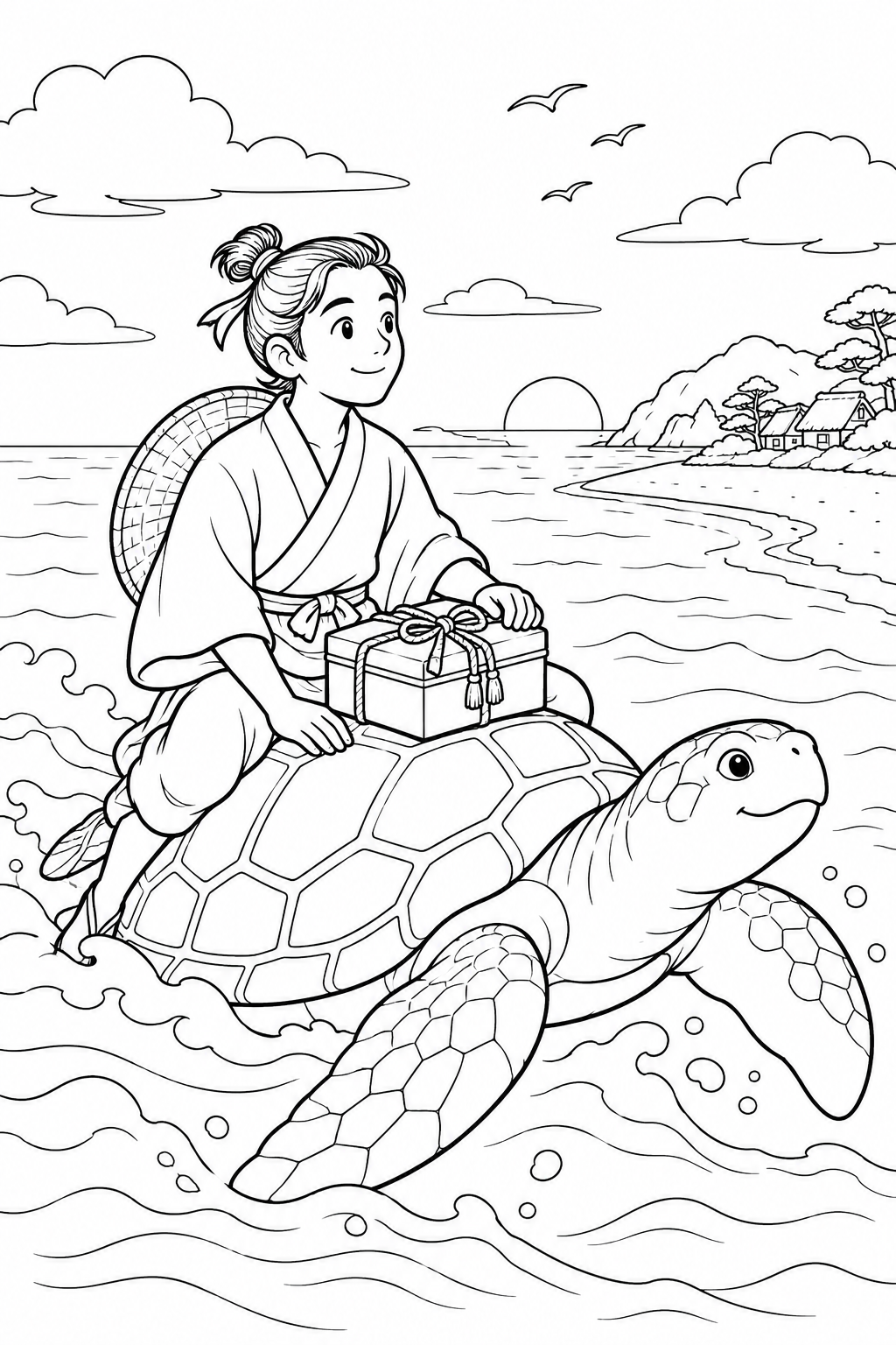 浦島太郎:亀と帰る故郷への道(ほっこり)の塗り絵