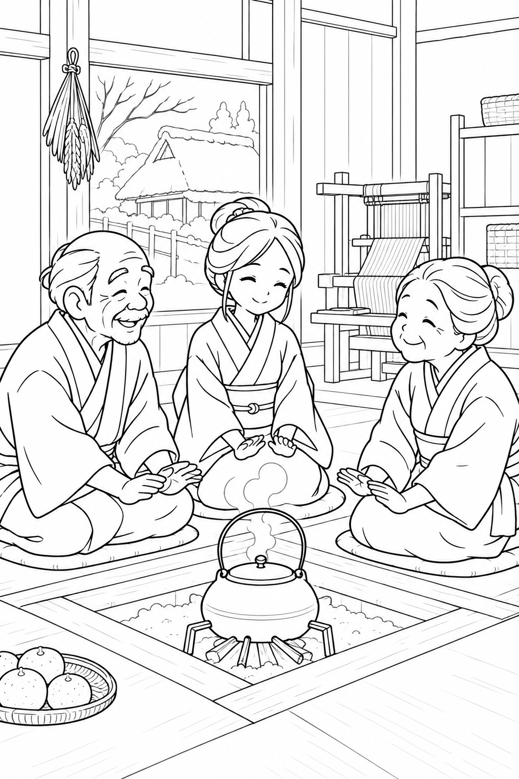 つるの恩返し:いろりを囲むあたたかな時間の塗り絵