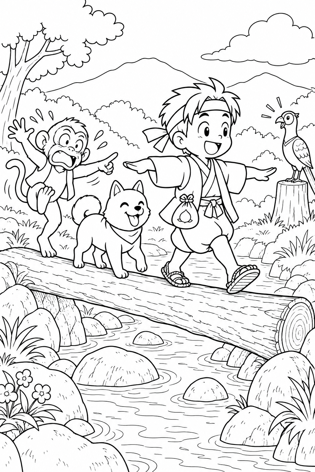 Dibujo de Momotaro cómico:Momotaro y sus amigos en un puente de tronco para colorear