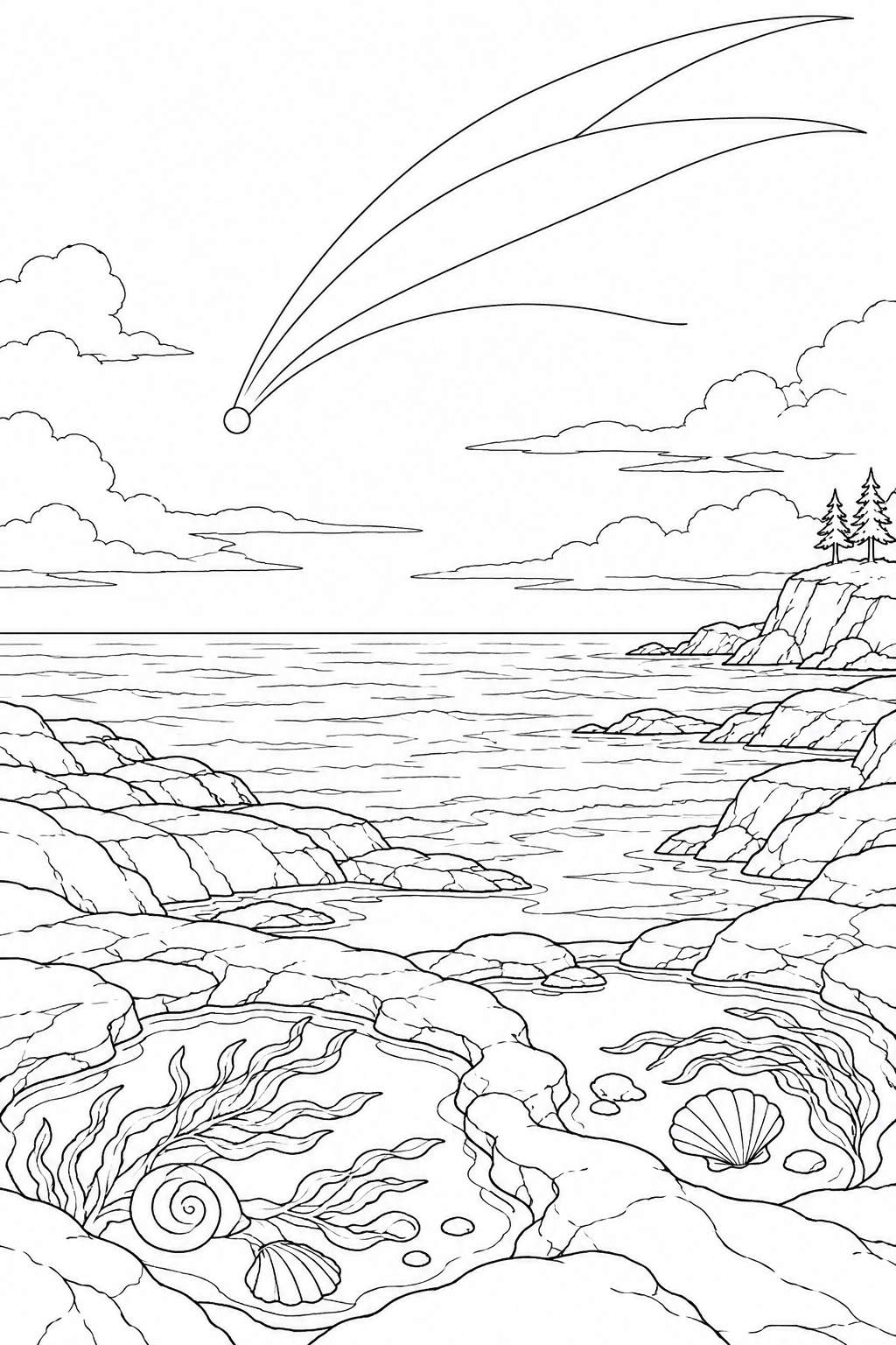 潮だまりの岩礁と尾をひく彗星の塗り絵