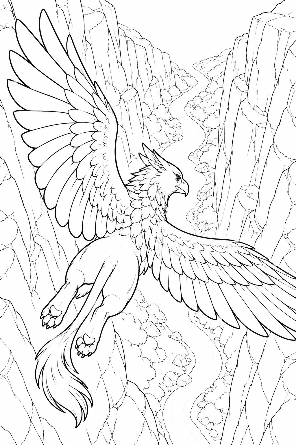 谷間を旋回するグリフォンの塗り絵
