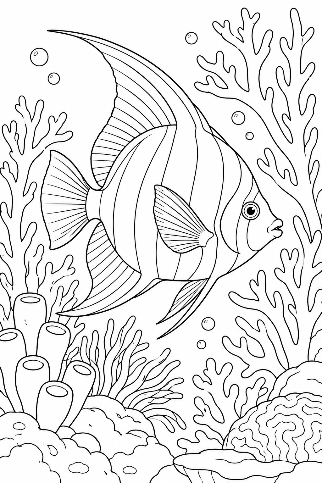 珊瑚の枝を泳ぐ熱帯魚の塗り絵