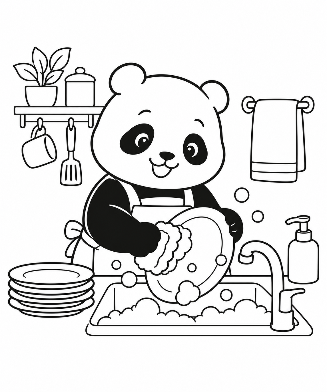 お皿を洗うパンダの塗り絵