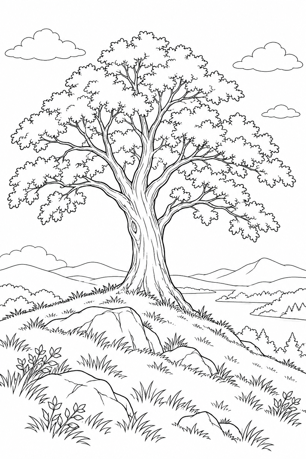 Dibujo de Olmo solitario en una colina para colorear