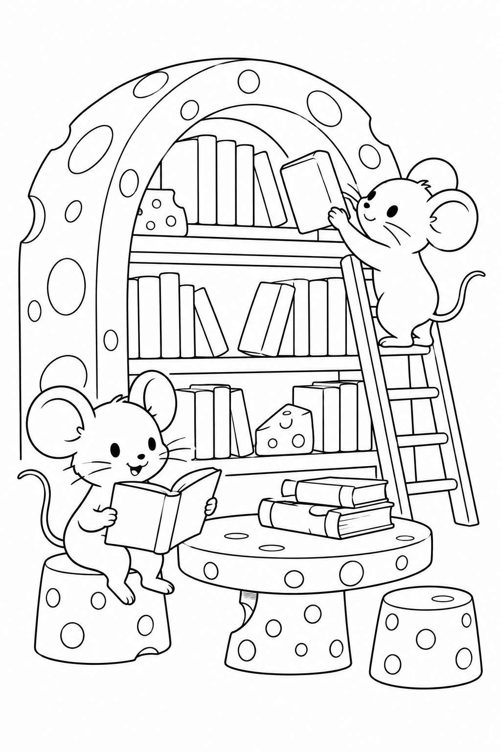 A Cheese Library with Blank Books coloring page