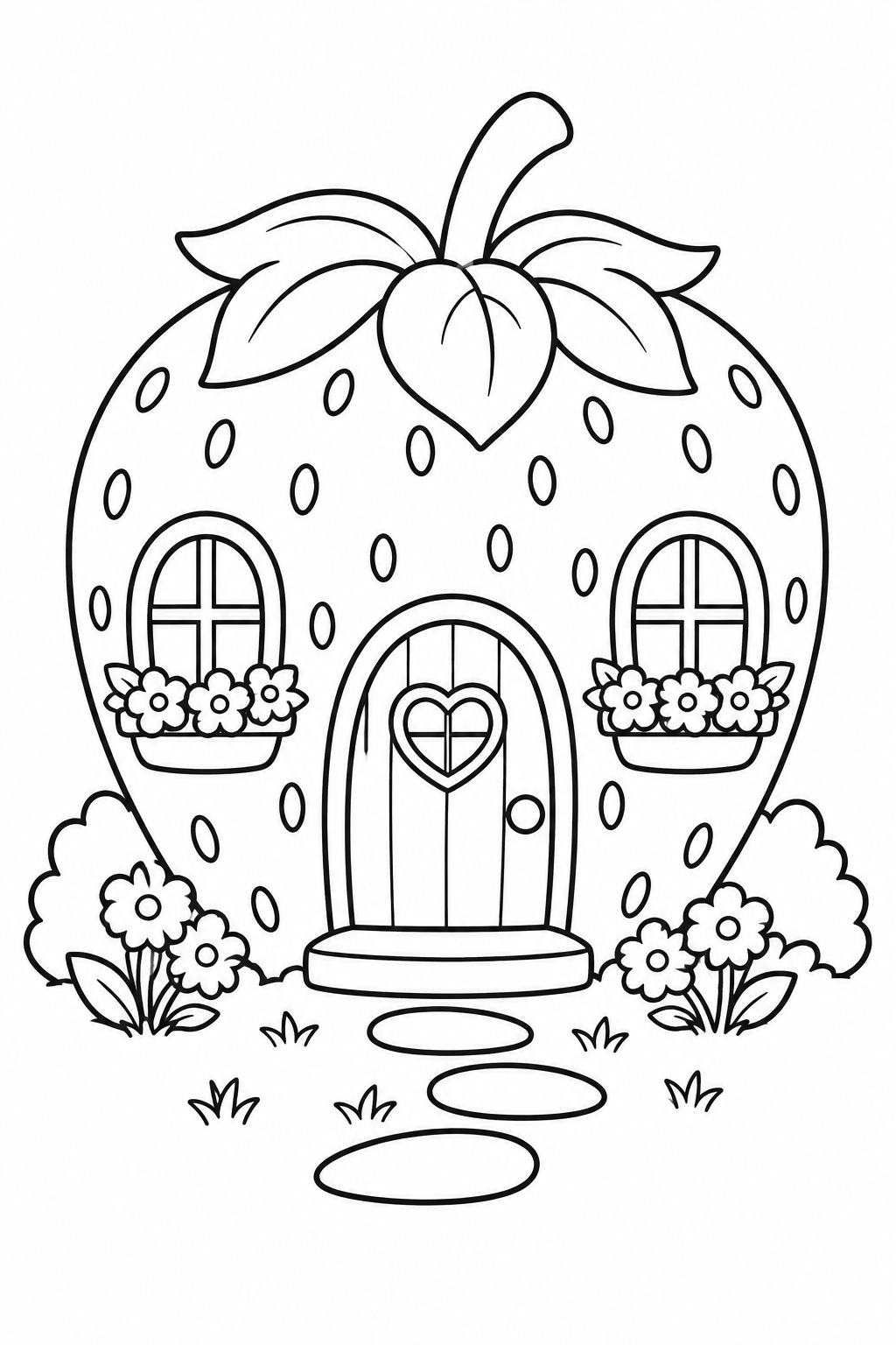 Dibujo de La casita de fresa y su parterre de flores para colorear