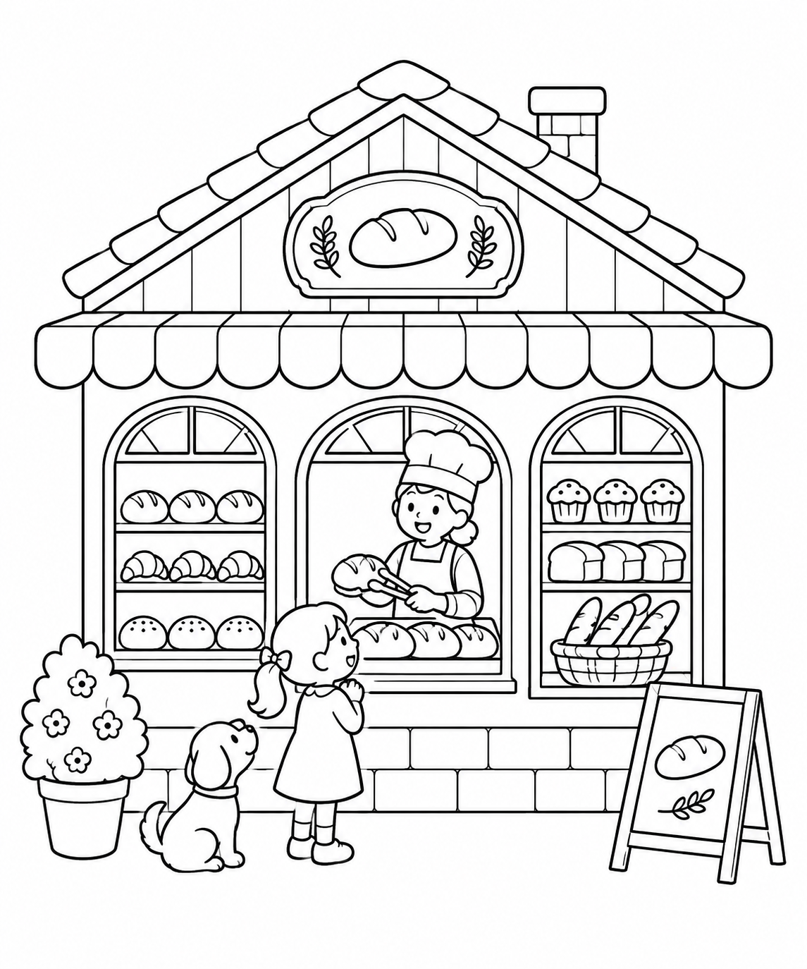 窓が三つの小さなパン屋の塗り絵