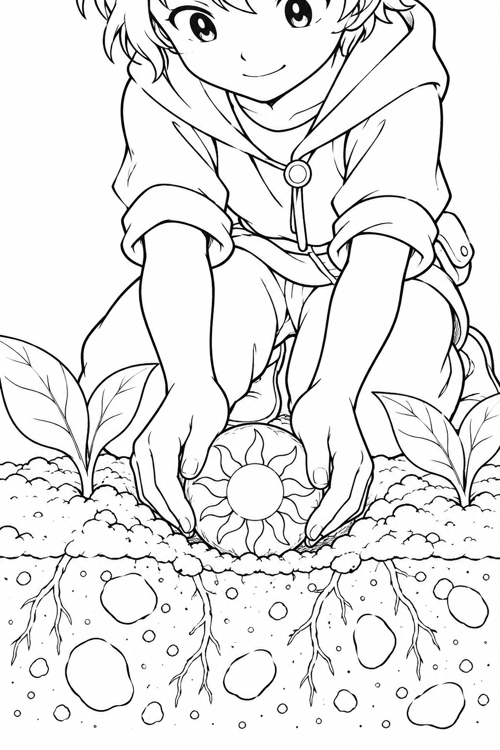 太陽の種を植える子どもの塗り絵