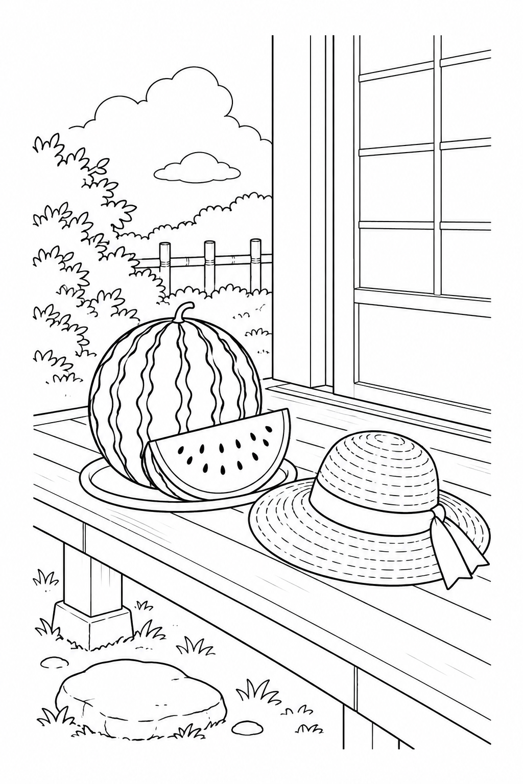 Coloriage Pastèque et chapeau de paille sur la véranda