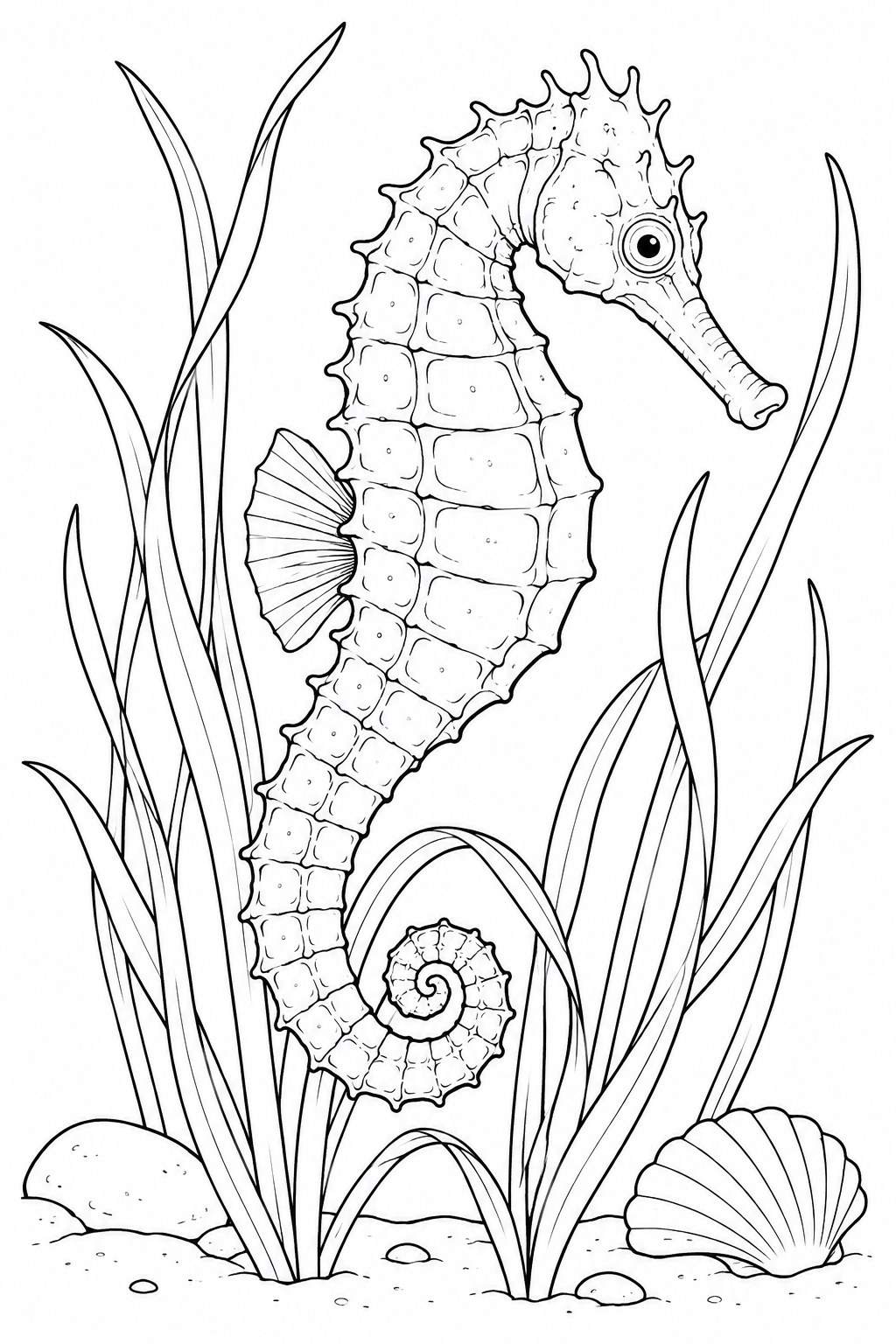 観察スケッチ:タツノオトシゴと海草の塗り絵