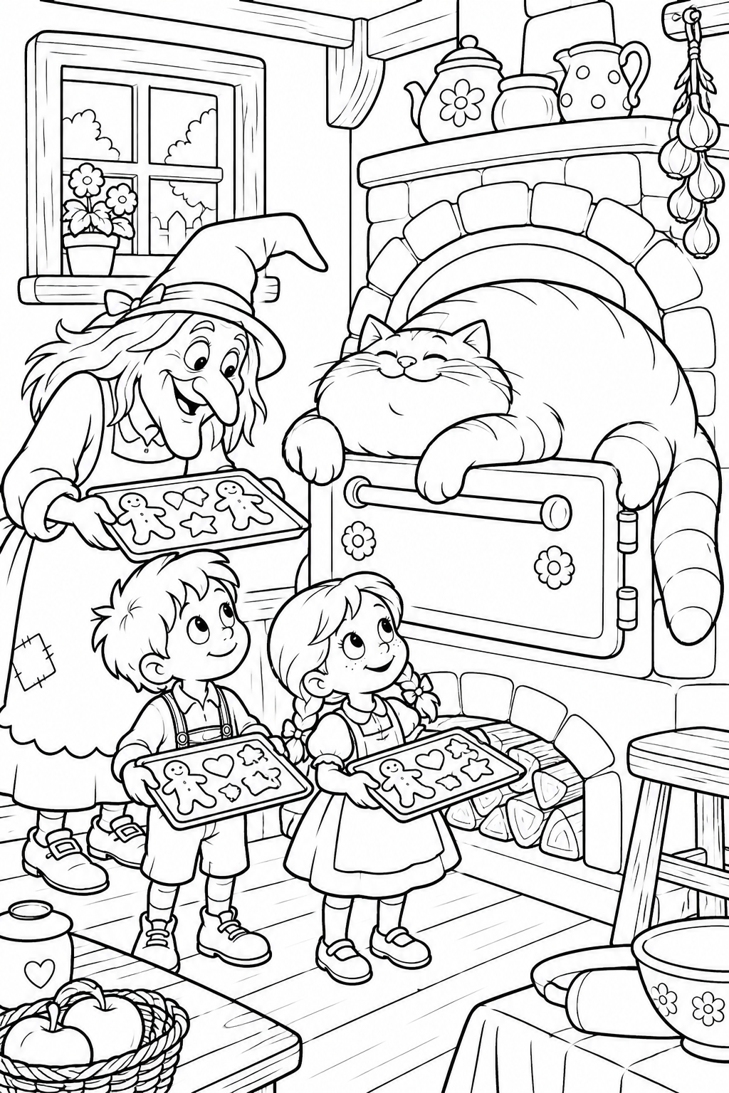 Hansel and Gretel:A cat blocks the oven(Comedy) coloring page