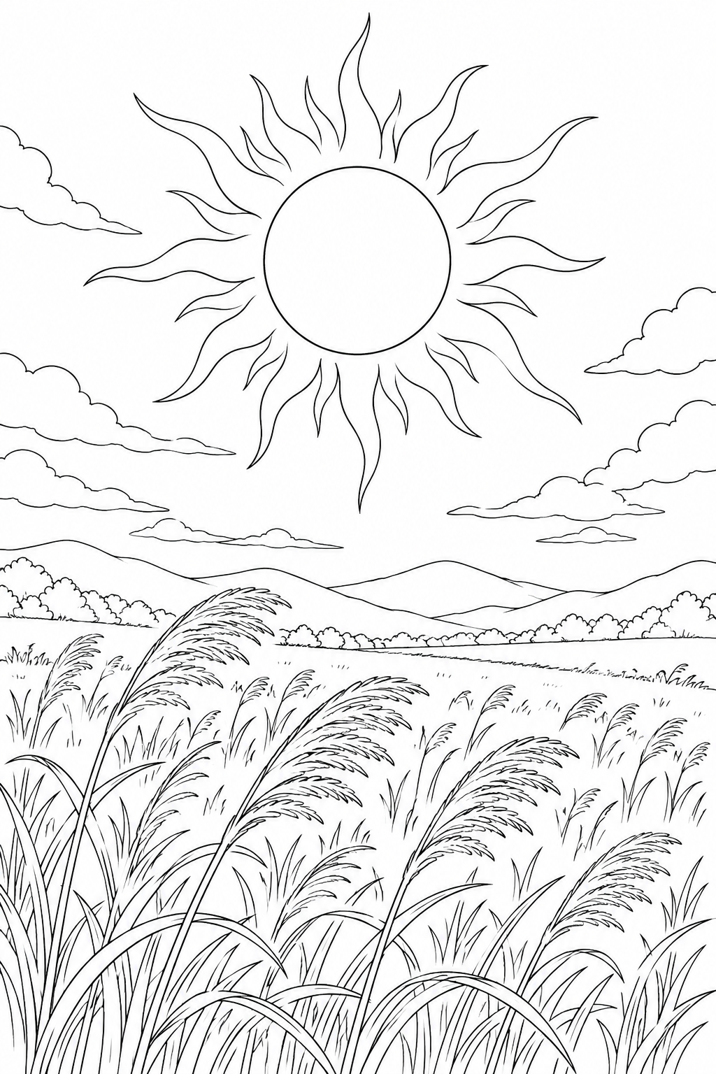ススキの草原と日食の光の輪の塗り絵