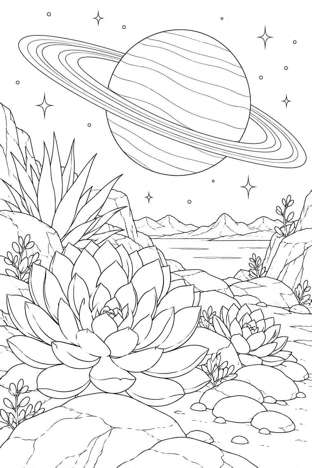 多肉植物の岩庭と環のある惑星の塗り絵