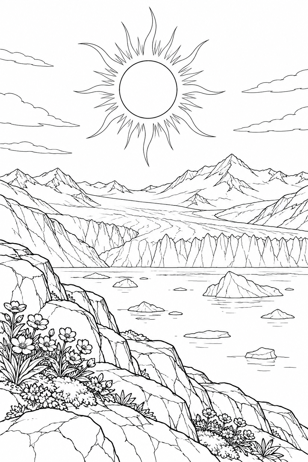 氷河と岩の岬と日食の光の輪の塗り絵