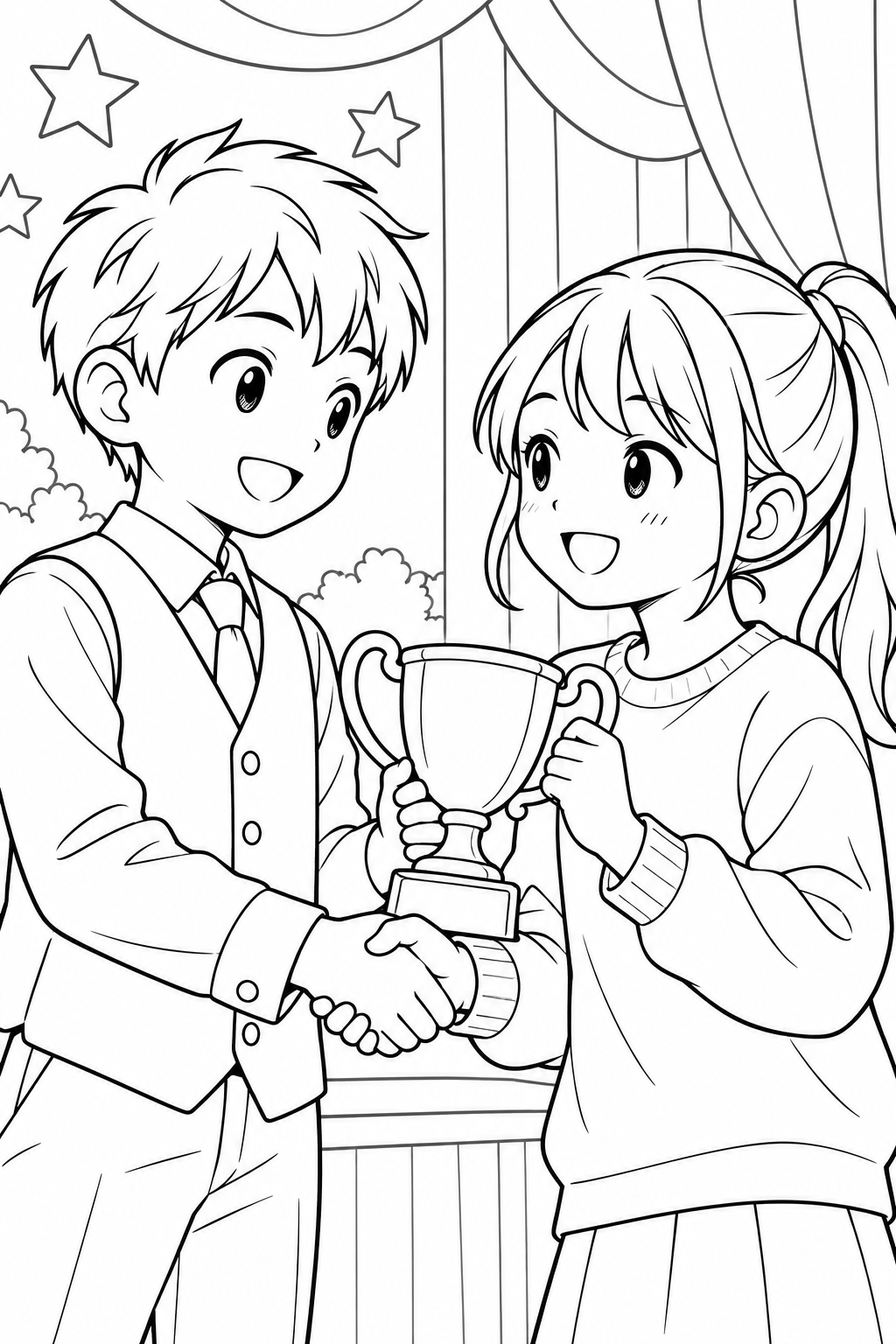 トロフィーと握手の塗り絵