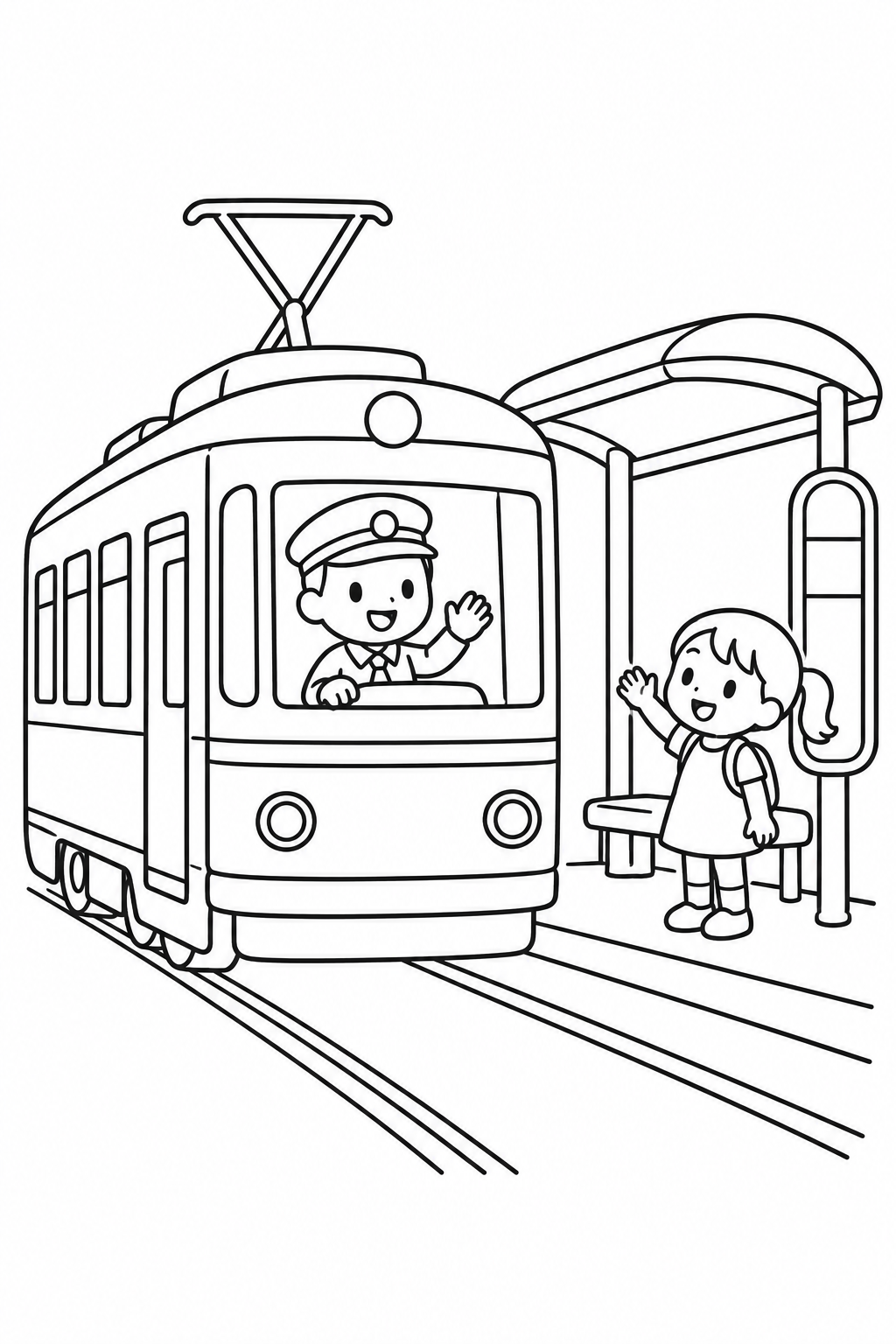 路面電車と停留所の塗り絵