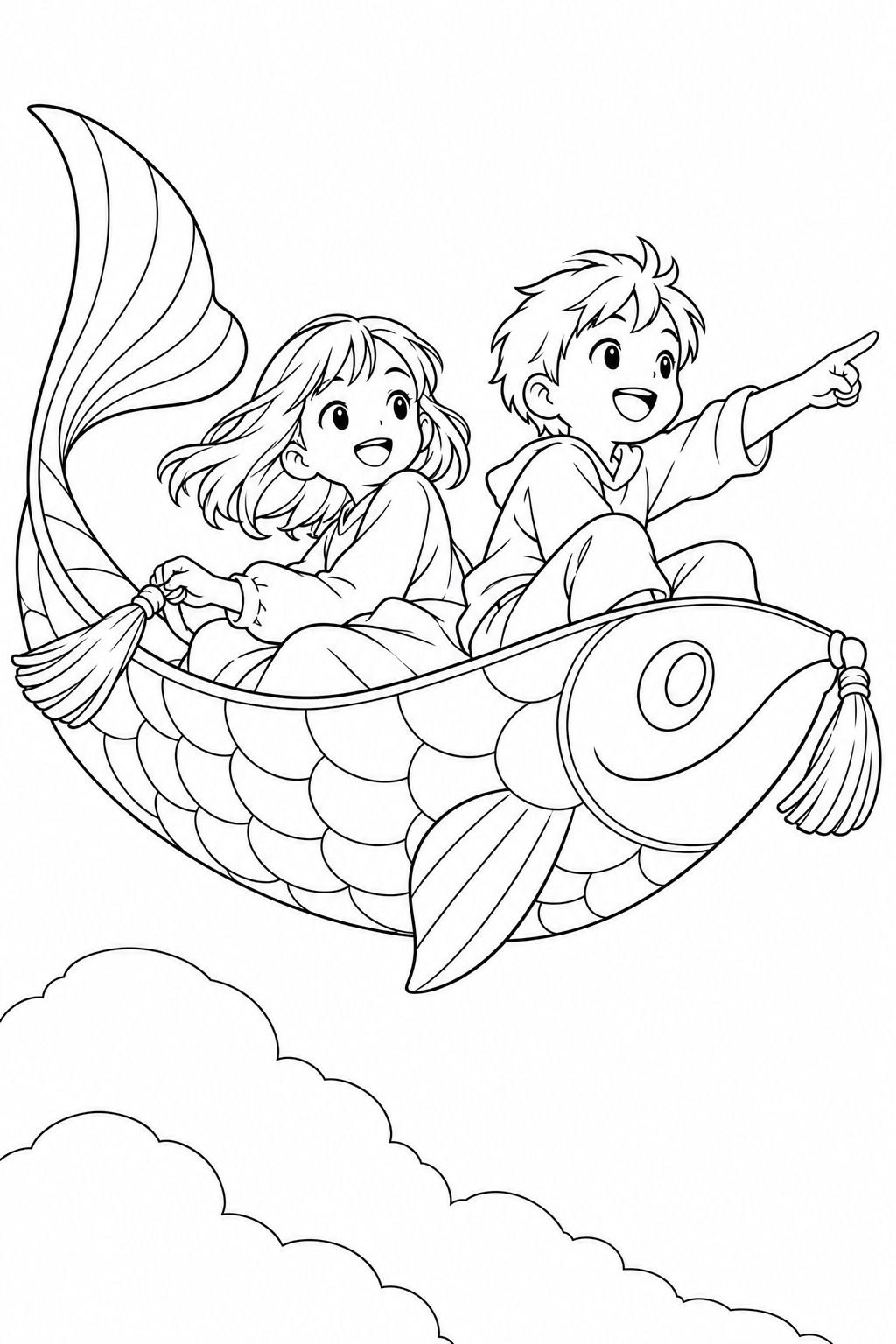Coloriage Au ciel sur un tapis-poisson