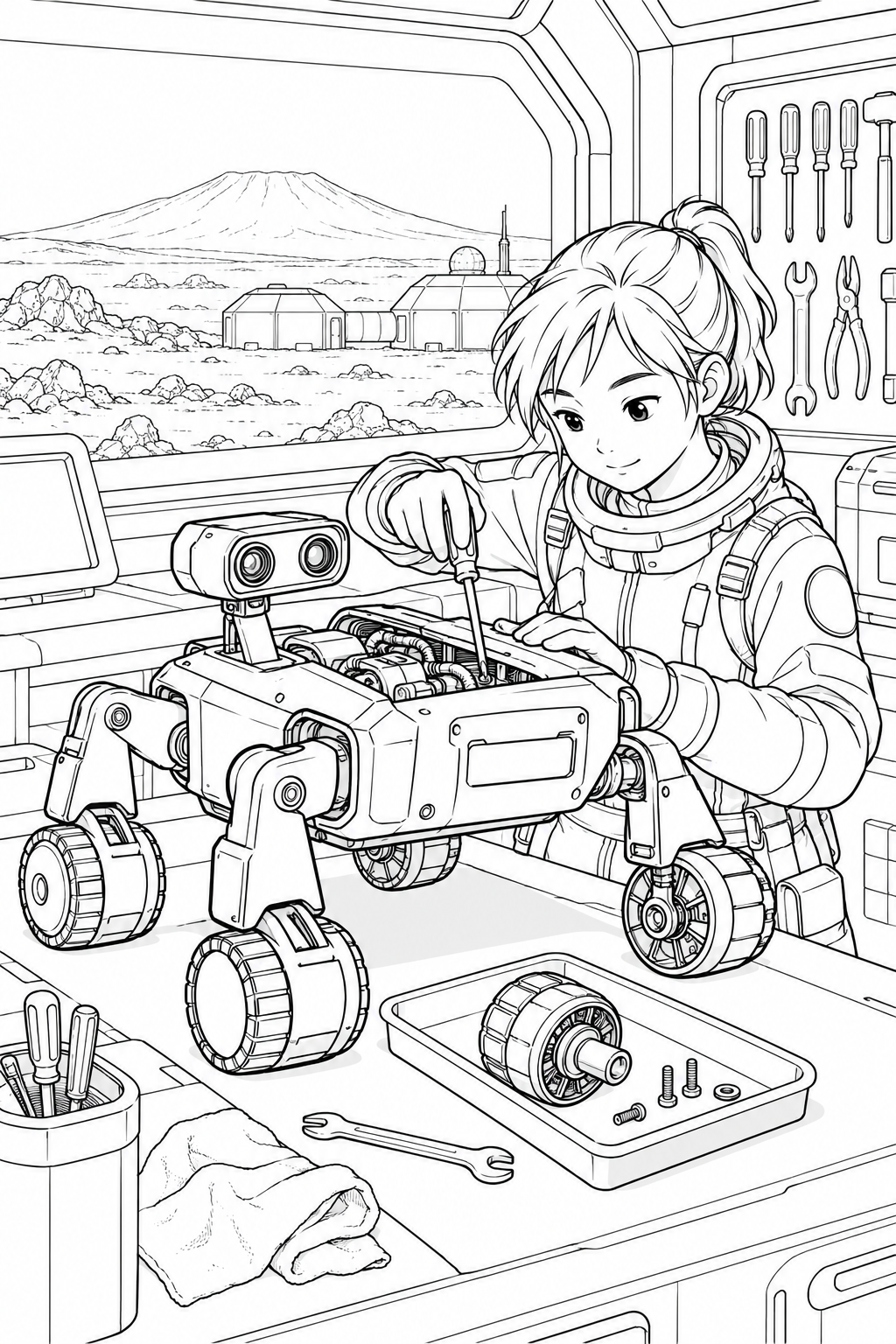 火星の火山平原基地:ロボットの整備工房の塗り絵