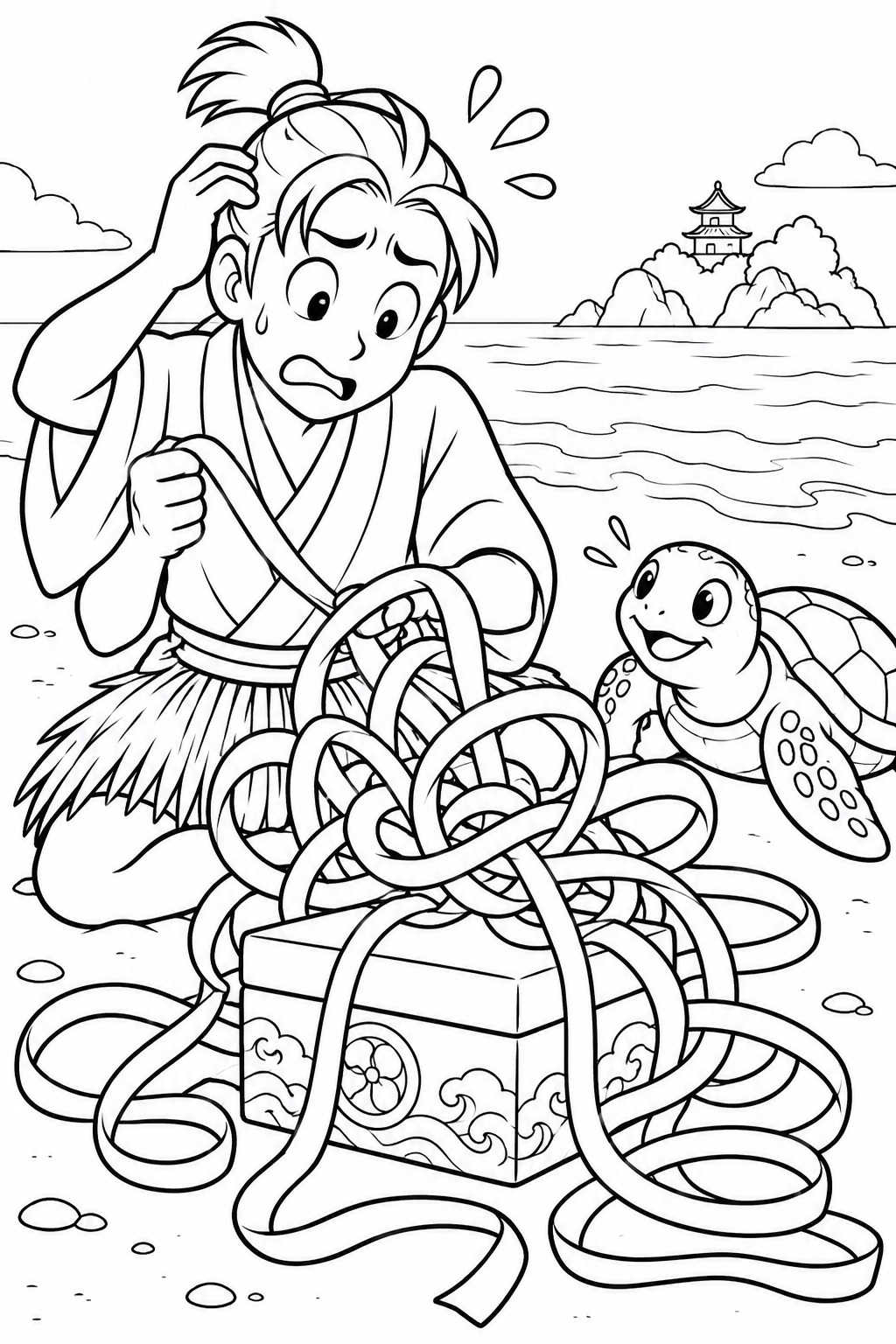 浦島太郎:ほどけない玉手箱のリボン(ギャグ)の塗り絵