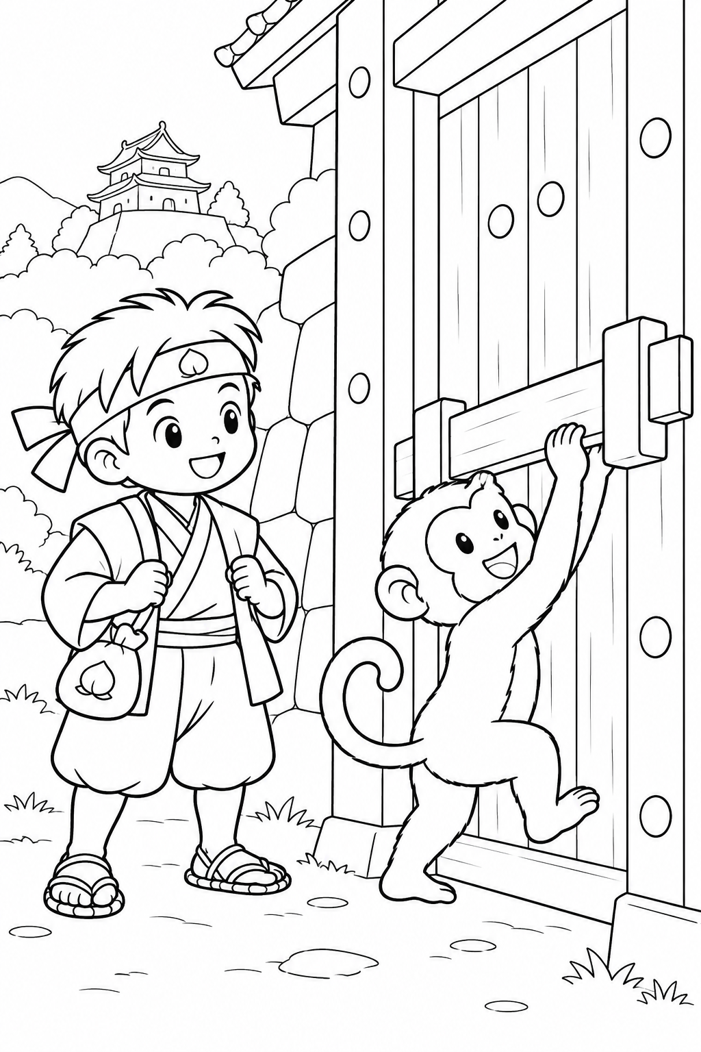 ほっこり桃太郎:猿の門開けと桃太郎の塗り絵