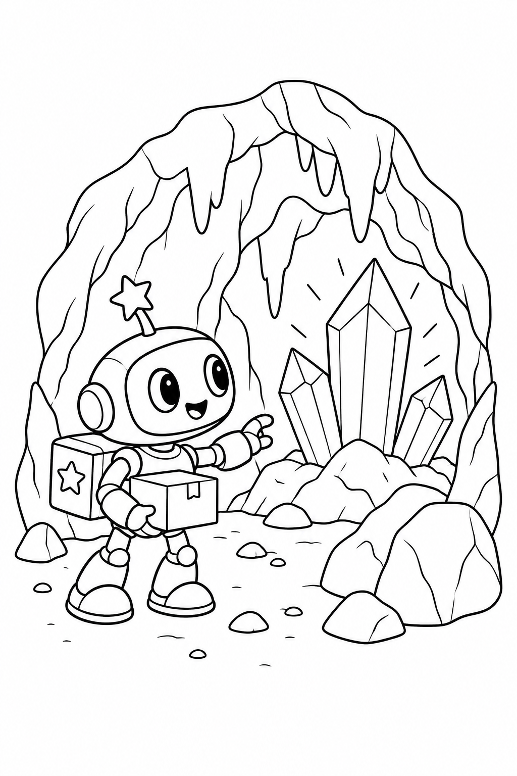 Dibujo de El robot repartidor de estrellas en la cueva de cristal para colorear
