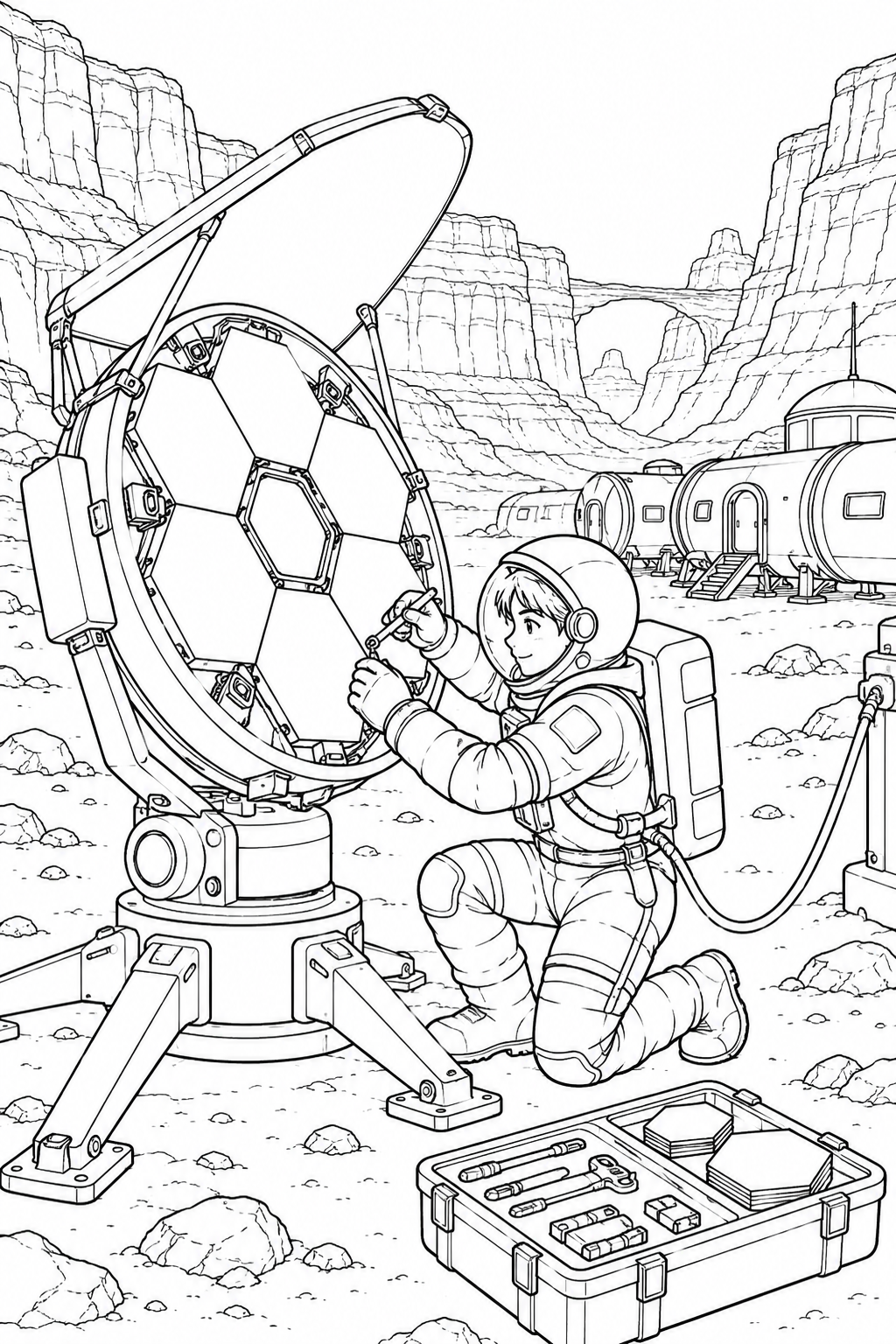 火星の峡谷基地:組み立て中の望遠鏡の塗り絵