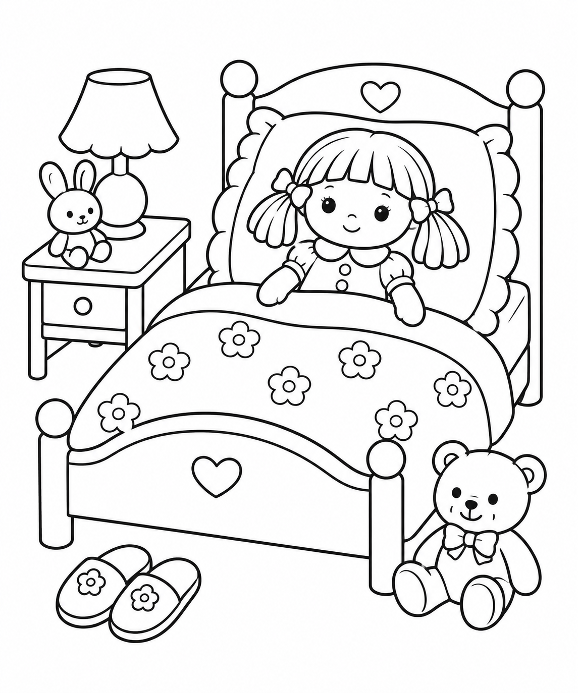 お人形のベッドと枕の塗り絵