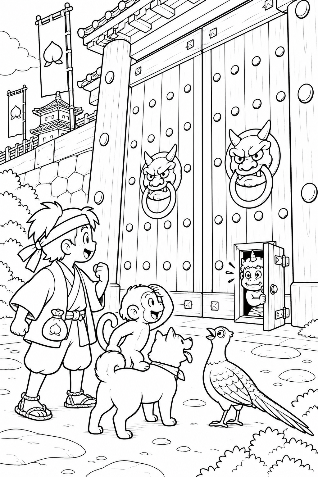 ギャグ桃太郎：桃太郎一行と鬼ヶ島の門の塗り絵