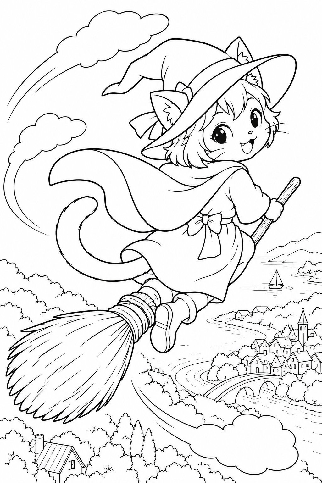 ほうきで急カーブの塗り絵