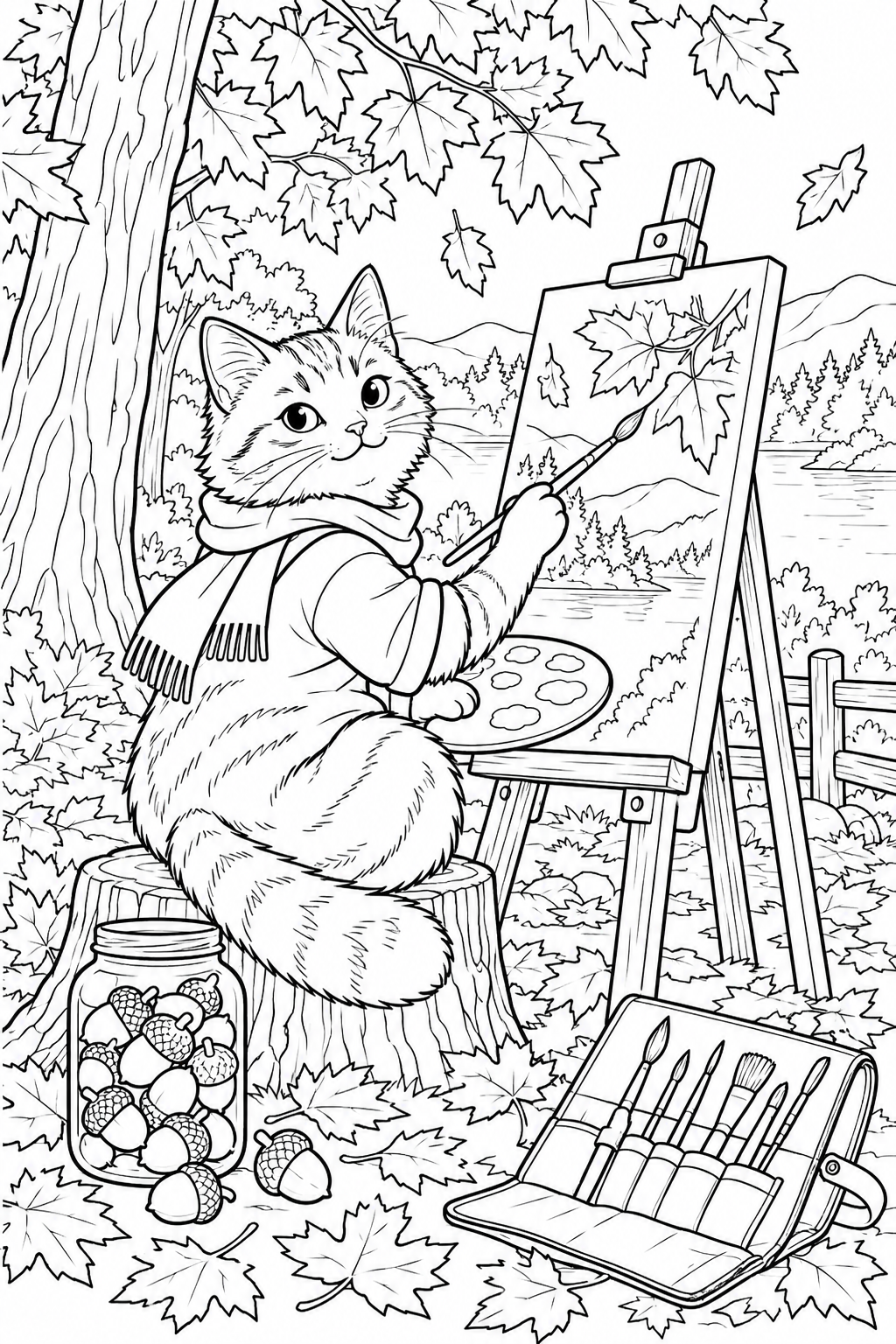 秋のねこの旅する画材箱の塗り絵